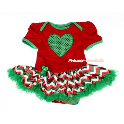 Valentine's Day Red Baby Jumpsuit Red White Green Wave Pettiskirt with Sparkle Kelly Green Heart Print JS3083 